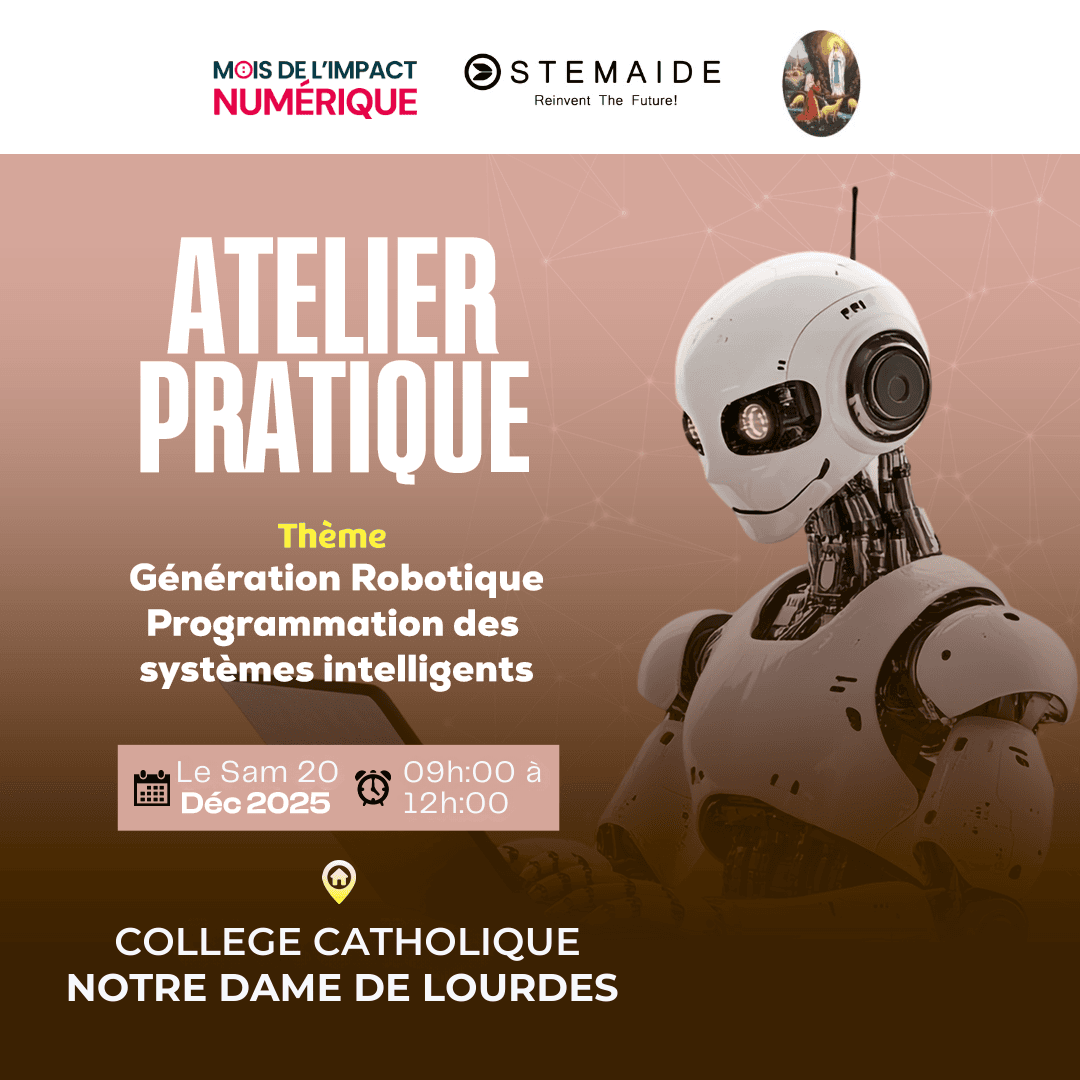 Un robot humanoïde blanc sur un fond dégradé rosé.